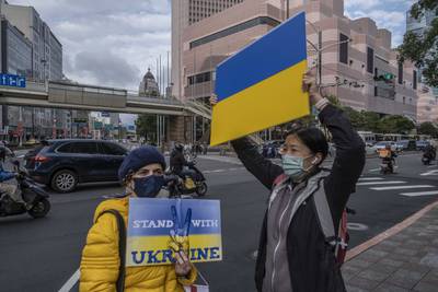 Demonstrators attend a pro-Ukraine rally in Taiwan in February 2023.