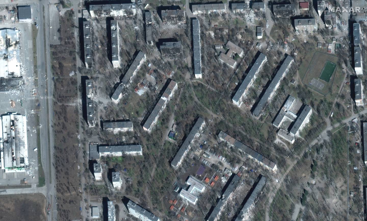 Satellite image shows destroyed buildings near Kuprina Street, Mariupol, Ukraine, March 29, 2022.