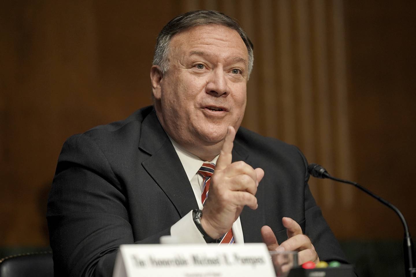 Secretary of State Mike Pompeo testifies during a Senate Foreign Relations committee hearing on the State Department's 2021 budget on Capitol Hill Thursday, July 30, 2020, in Washington.