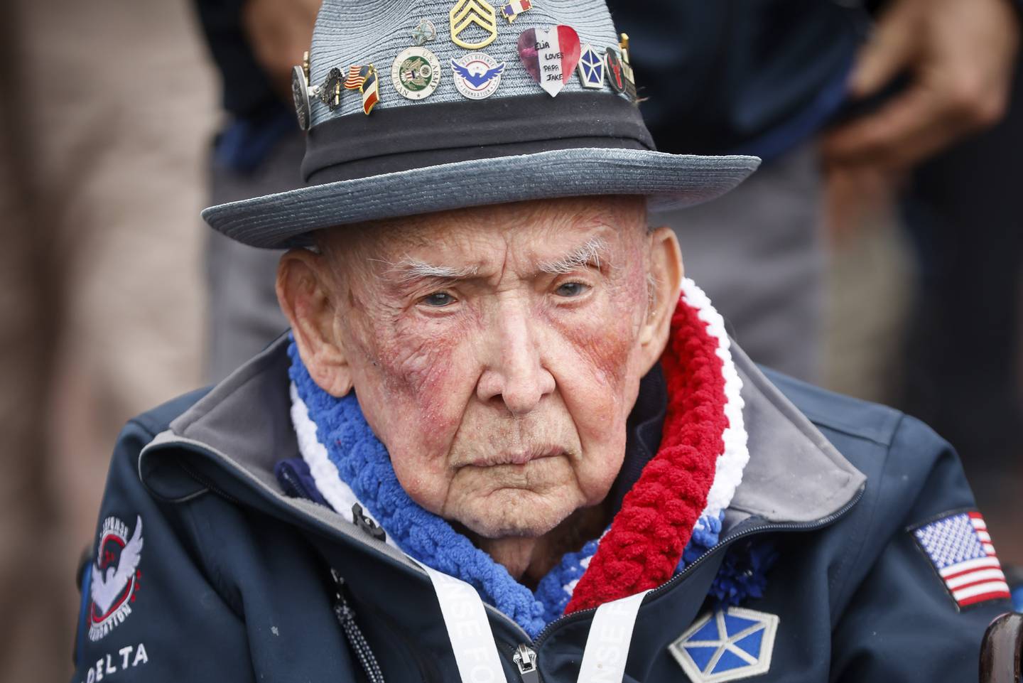 World War II veteran Jake Larson attends a ceremony to mark the 79th anniversary of the assault that led to the liberation of France and Western Europe from Nazi control, at the American Cemetery in Colleville-sur-Mer, Normandy, France, Tuesday, June 6, 2023.