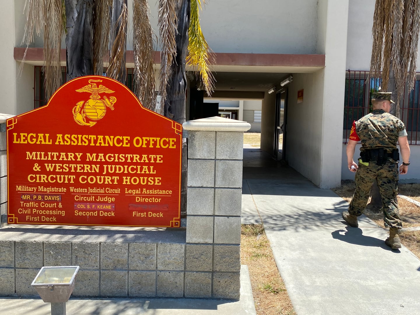 A guard walks into the Western Judicial Circuit Court House building aboard Camp Pendleton on Thursday, July 1, 2020. (Photo: Jared Morgan/Staff)