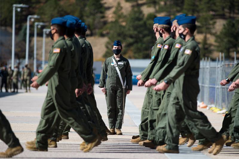 Air Force cadets march during noon meal formation Oct. 9, 2020, on the Academy's Terrazzo at the U.S. Air Force Academy in Colorado Springs, Colo.