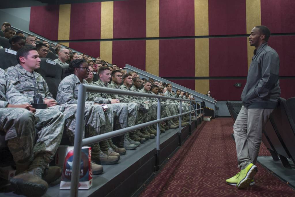 Actor Anthony Mackie addresses airmen at a movie theater in Hampton Va., May 4, 2016. Mackie surprised the Airmen with a pre-screening of the Marvel movie, "Captain America: Civil War." (Senior Airman Kayla Newman/Air Force)