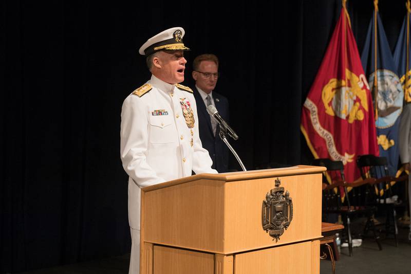 Vice Adm. Sean S. Buck reads his orders during a change of command ceremony at the U.S. Naval Academy, where he properly relieved Vice Adm. Walter E. “Ted” Carter Jr. to become the 63rd superintendent on July 26, 2019, at Annapolis, Md.