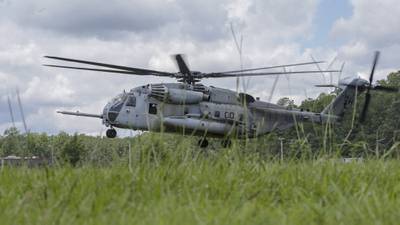 A CH-53E Super Stallion lands at Camp Johnson, N.C., June 18, 2020.
