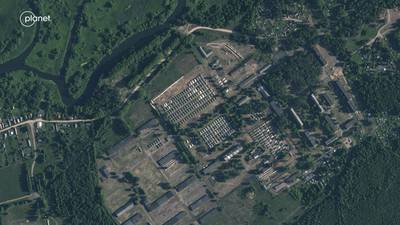 This satellite image provided by Planet Labs PBC and taken on Friday, June 30, 2023, shows apparent recent construction of tents at a former military base outside the Belarusian town of Osipovichi.