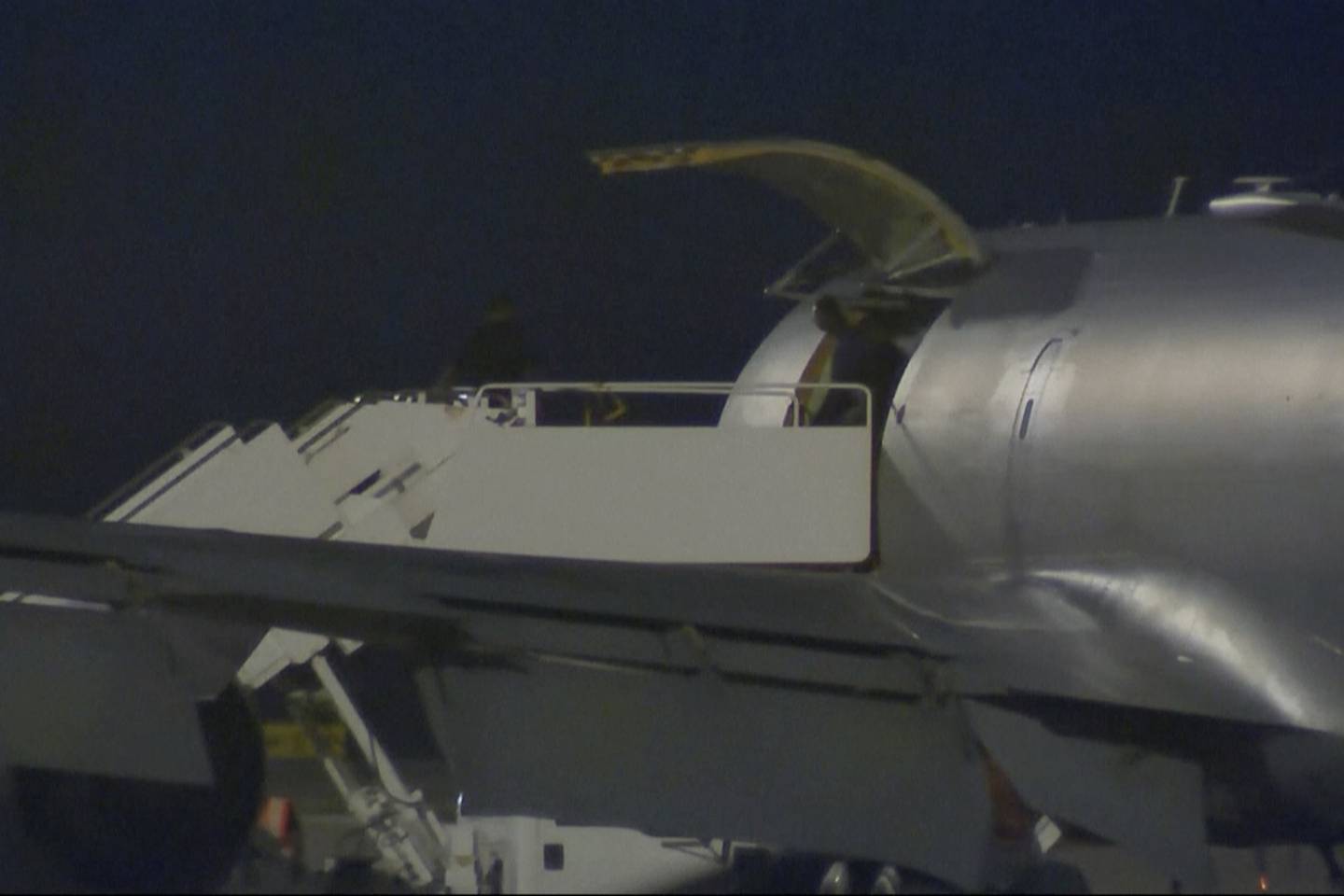 This image made from video provided by KSAT purports to show Pvt. Travis King coming out of an airplane in San Antonio, Texas, early Thursday, Sept. 28, 2023.