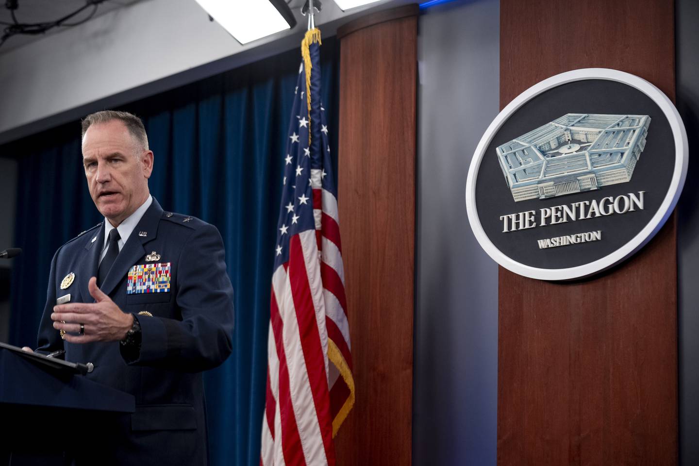 Pentagon spokesman Air Force Brig. Gen. Patrick Ryder speaks during a briefing at the Pentagon in Washington, Thursday, Oct. 19, 2023.