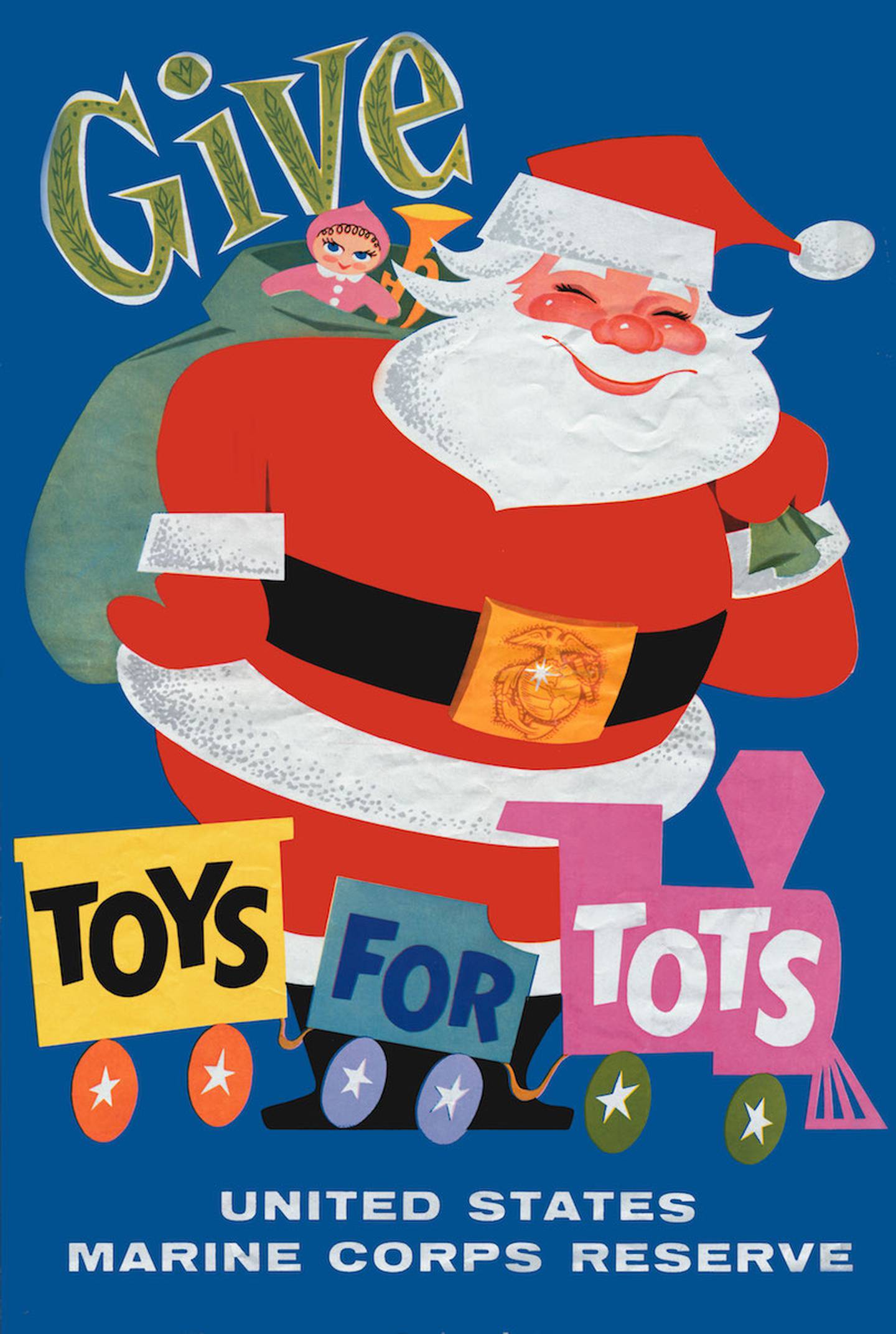A 1948 artistic poster for Toys for Tots depicts a beaming Santa Claus carrying a sack of toys. In front of him, a toy train bears the words "Toys for Tots" in all caps. It reads "United States Marine Reserve" at the bottom of the poster.
