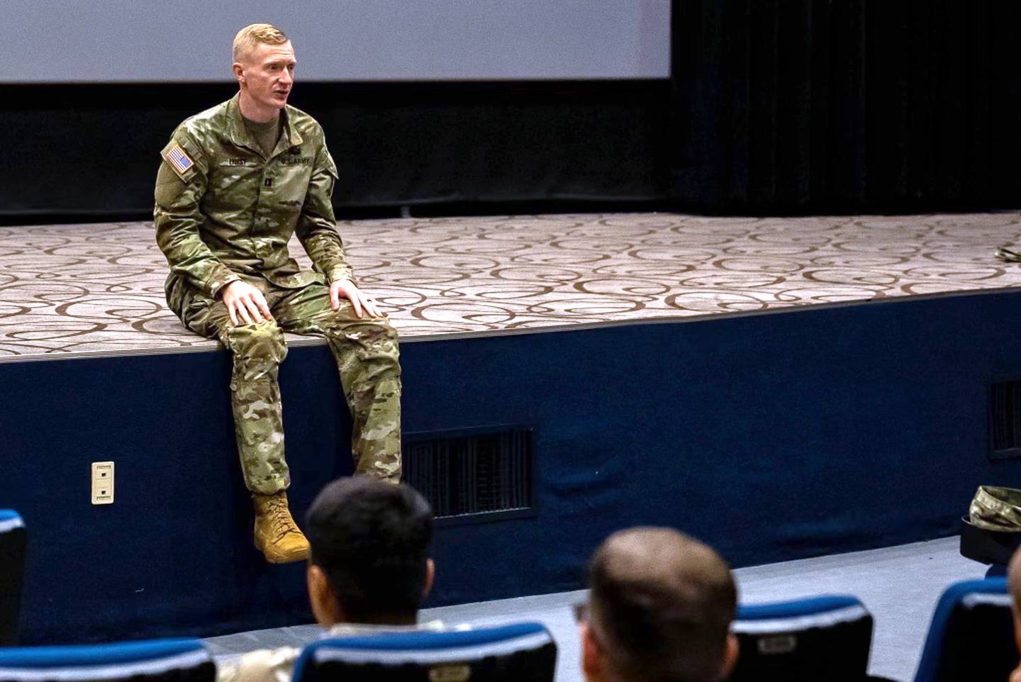 Capt. Anthony Priest, behavior health officer with 1st Signal Brigade, speaks with Company B, 304th Expeditionary Signal Battalion-Enhanced, in South Korea in 2022, about suicide.