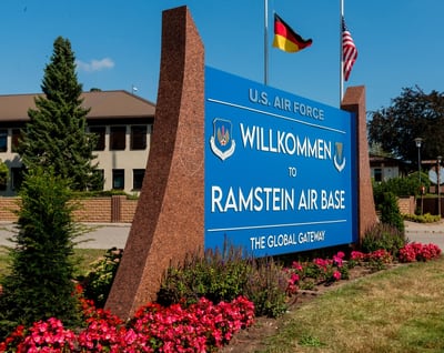 A newly installed welcome sign is on display at Ramstein Air Base, Germany, Sept. 2, 2021. (Airman Edgar Grimaldo/Air Force)