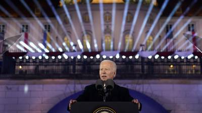 President Joe Biden delivers a speech marking the one-year anniversary of the Russian invasion of Ukraine, Tuesday, Feb. 21, 2023, at the Royal Castle Gardens in Warsaw.
