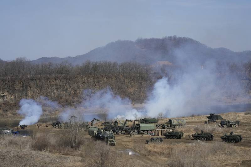 U.S. Army's armored vehicles prepare to cross the Hantan river at a training field in Yeoncheon, near the border with North Korea, Monday, March 13, 2023.