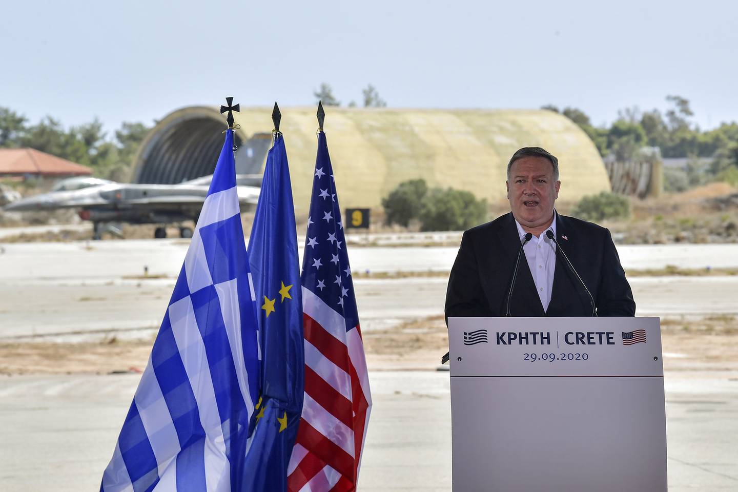 US Secretary of State Mike Pompeo delivers a speech during his visit at the Naval Support Activity base at Souda, on the Greek island of Crete, Tuesday, Sept. 29, 2020.