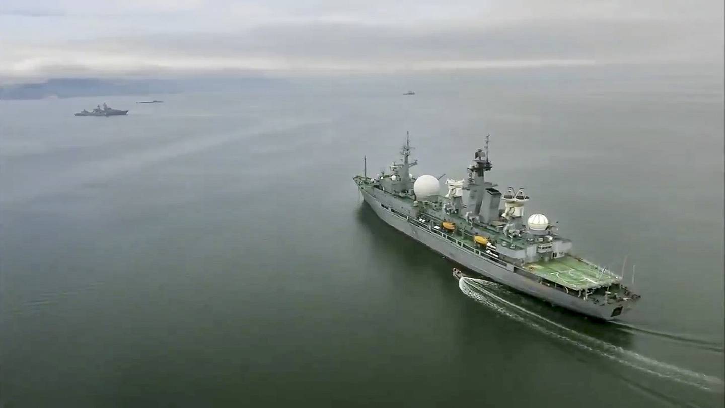 In this undated video grab provided by Russian Defense Ministry Press Service, Russian warships take part in maneuvers in the Bering Sea.