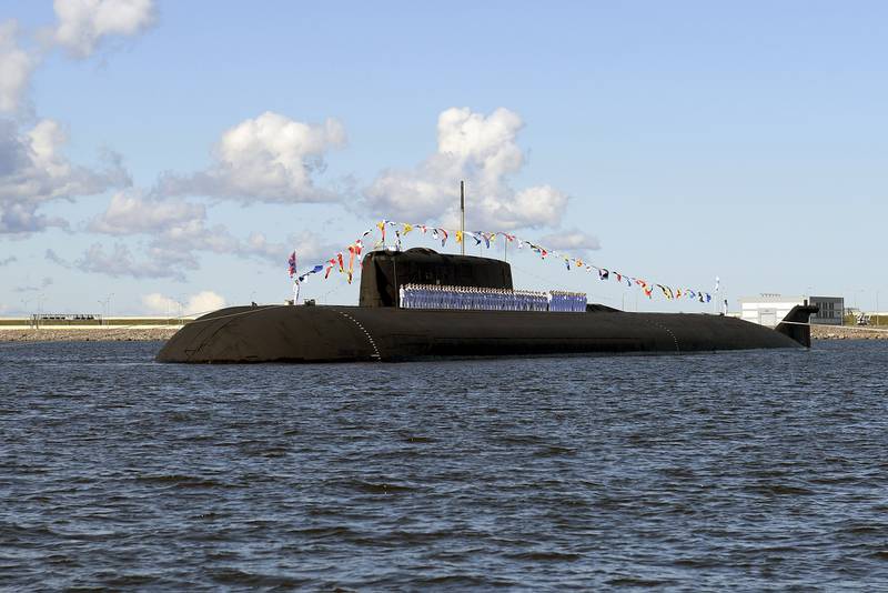 The Russian nuclear-powered cruise missile submarine K-266 Orel attends the military parade during the Navy Day celebration in Kronshtadt outside St. Petersburg, Russia, Sunday, July 26, 2020.