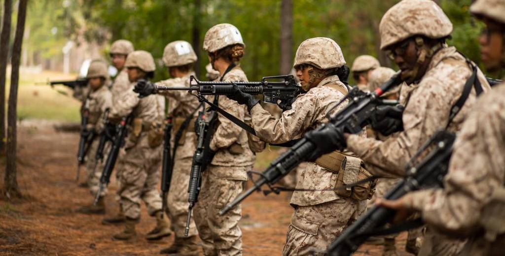 Recruits with Hotel Company, 2nd Recruit Training Battalion, conduct a patrol during Basic Warrior Training aboard Marine Corps Recruit Depot Parris Island, S.C., November 16, 2022. Recruits conduct patrols to utilize the hand and arm signals and formations they have learned during BWT. (Lance Cpl. Blake A. Gonter/Marine Corps)