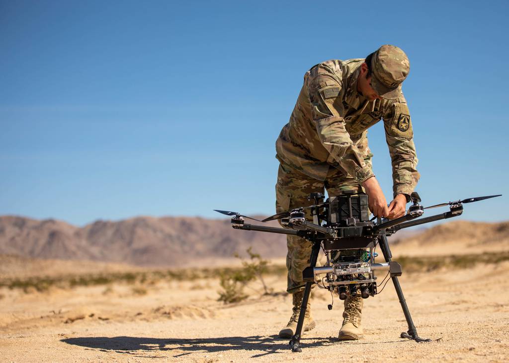 U.S. Army Cpt. Eric Tatum conducts field testing with the Inspired Flight 3 Drone during Project Convergence 2022 at Ft. Irwin, California, in October 2022.
