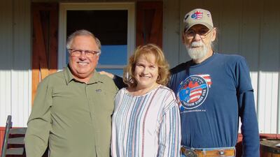 Don Goodman, right, pictured with J.B. Stubblefield’s children, Perry Stubblefield and Pam Ledford on Sept. 27, 2022, in Shelbyville, Tenn.