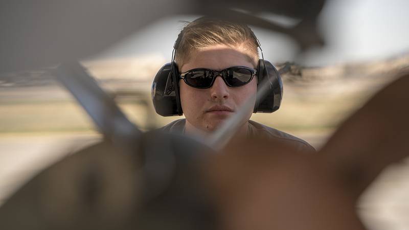 Airman 1st Class Zach Oborn drives an MJ-1B Jammer during Green Flag-West 19-8 at Nellis Air Force Base, Nev., on June 8, 2019.