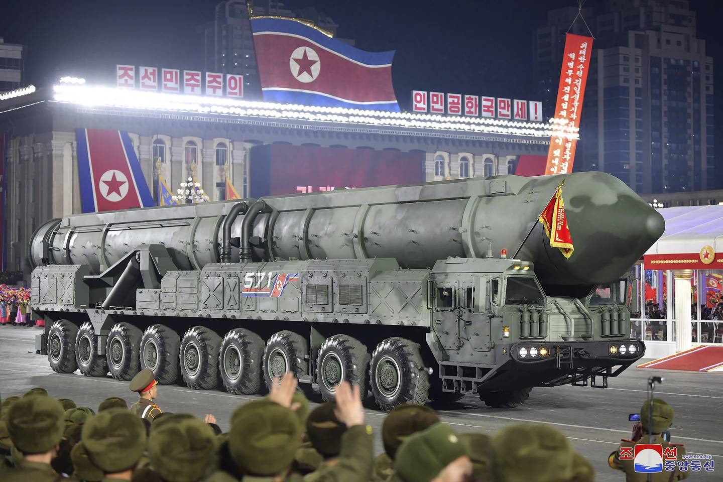 This photo provided by the North Korean government, shows what it says an intercontinental ballistic missile during a military parade to mark the 75th founding anniversary of the Korean People's Army on Kim Il Sung Square in Pyongyang, North Korea Wednesday, Feb. 8, 2023.