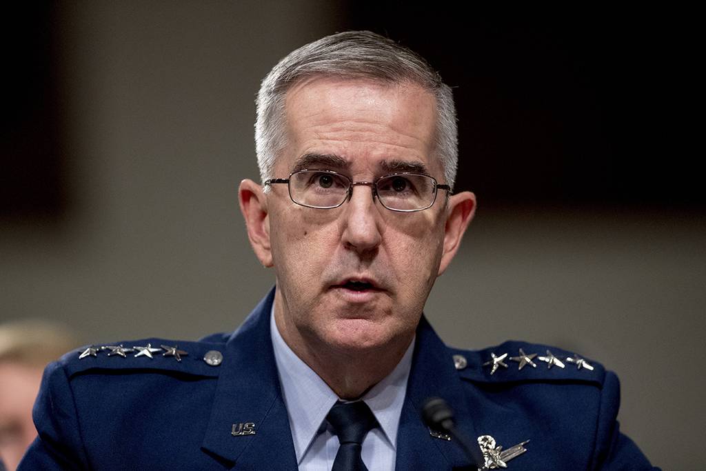 In this April 11, 2019, file photo, Gen. John Hyten, U.S. Strategic Command Commander,  testifies before a Senate Armed Services Committee hearing on Capitol Hill in Washington.