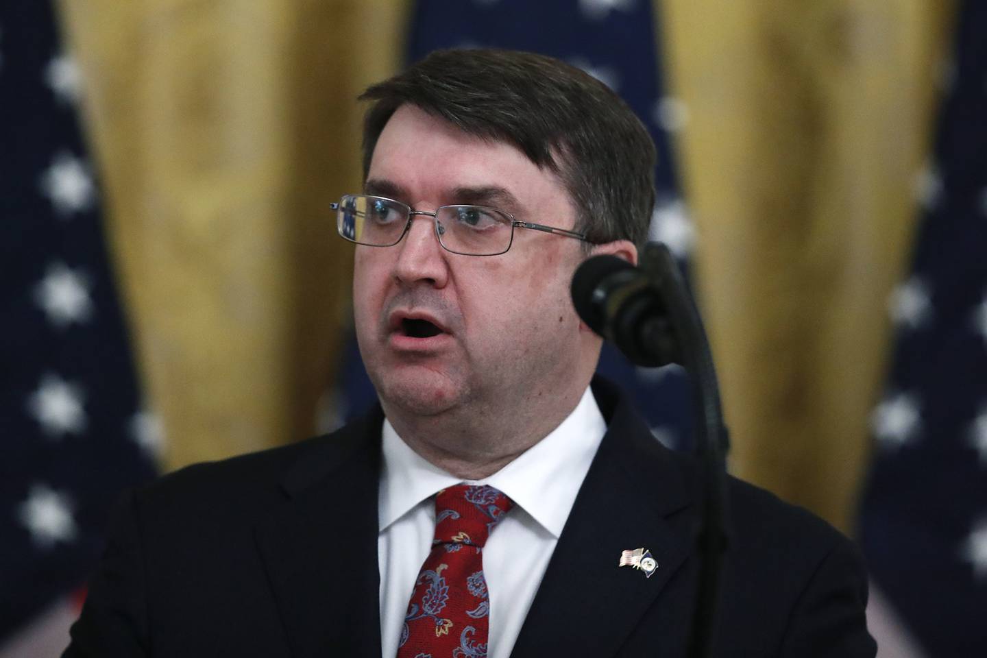 Veterans Affairs Secretary Robert Wilkie speaks about protecting seniors, in the East Room of the White House, Thursday, April 30, 2020, in Washington.