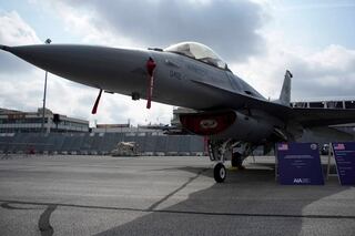 U.S. Air Force F-16 fighter jet is on display during the Paris Air Show in Le Bourget, north of Paris, France, Monday, June 19, 2023.