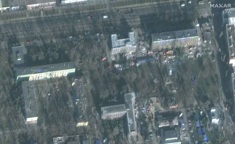 Satellite image shows reconstruction of hospital buildings in Mariupol, Ukraine, Nov. 30, 2022.