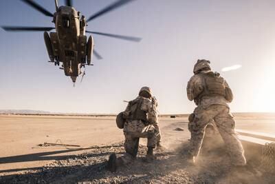 Marines conduct helicopter support team training during Integrated Training Exercise (ITX) 1-21 at Marine Air Ground Combat Center Twentynine Palms, Calif., Oct. 13, 2020.