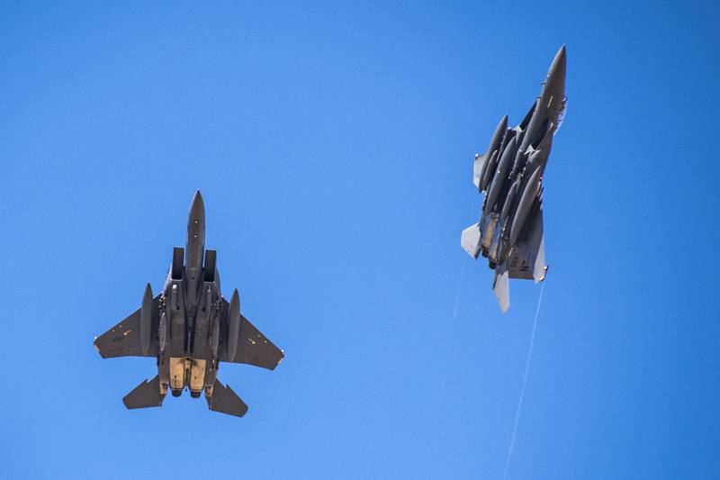 F-15E Strike Eagles from the 492nd Fighter Squadron arrive at an undisclosed location in Southwest Asia, May 5, 2020.