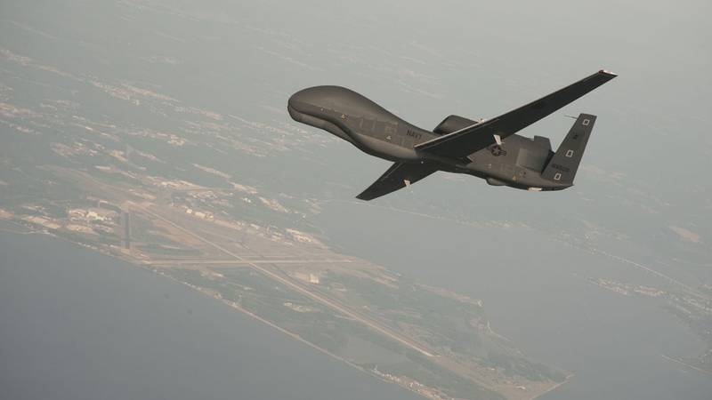 an RQ-4 Global Hawk unmanned aerial vehicle conducts tests over Naval Air Station Patuxent River, Md.