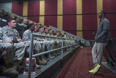 Actor Anthony Mackie addresses airmen at a movie theater in Hampton Va., May 4, 2016. Mackie surprised the Airmen with a pre-screening of the Marvel movie, "Captain America: Civil War." (Senior Airman Kayla Newman/Air Force)