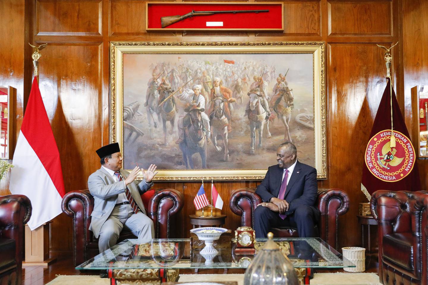 U.S. Secretary of Defense Lloyd Austin, right, meets with Indonesian Defense Minister Prabowo Subianto in Jakarta, Indonesia, Monday, Nov. 21, 2022.