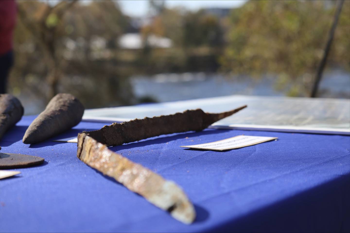 A Confederate sword blade is displayed at a press conference celebrating the early completion of the Congaree River cleanup on Monday, Nov. 13, 2023 in Columbia, S.C.