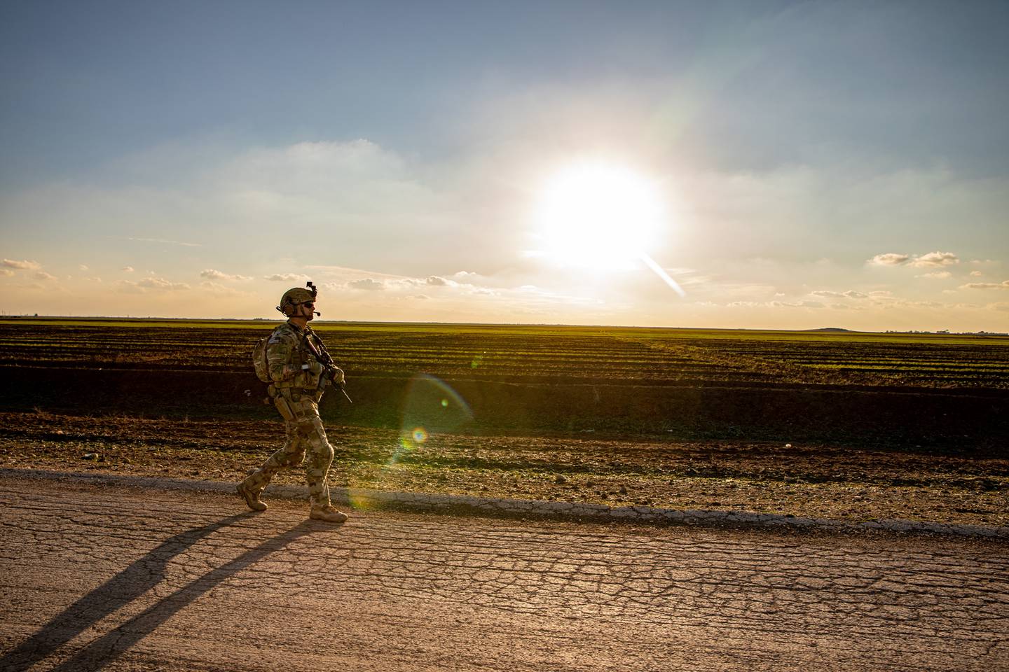A U.S. soldier walking during a dismounted patrol, Syria, Feb. 3, 2023.