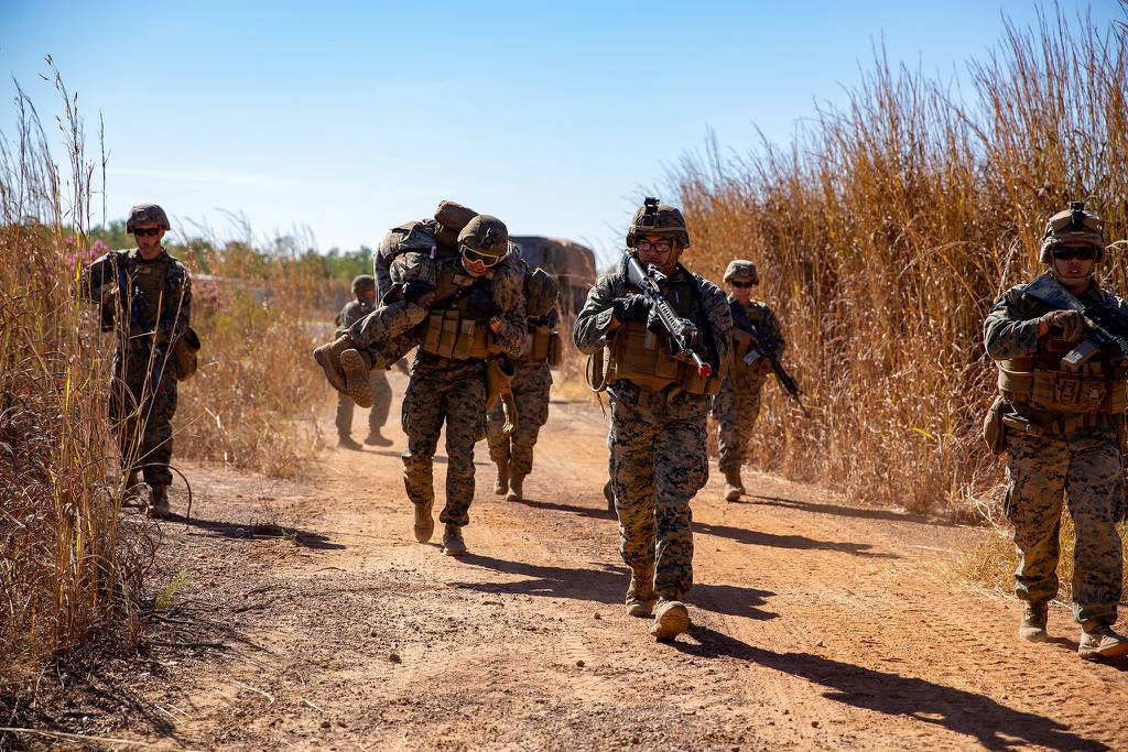 U.S. Marines with Logistics Combat Element, Marine Rotational Force - Darwin, conduct patrol and ambush exercises at Robertson Barracks, NT, Australia, July 14, 2020.