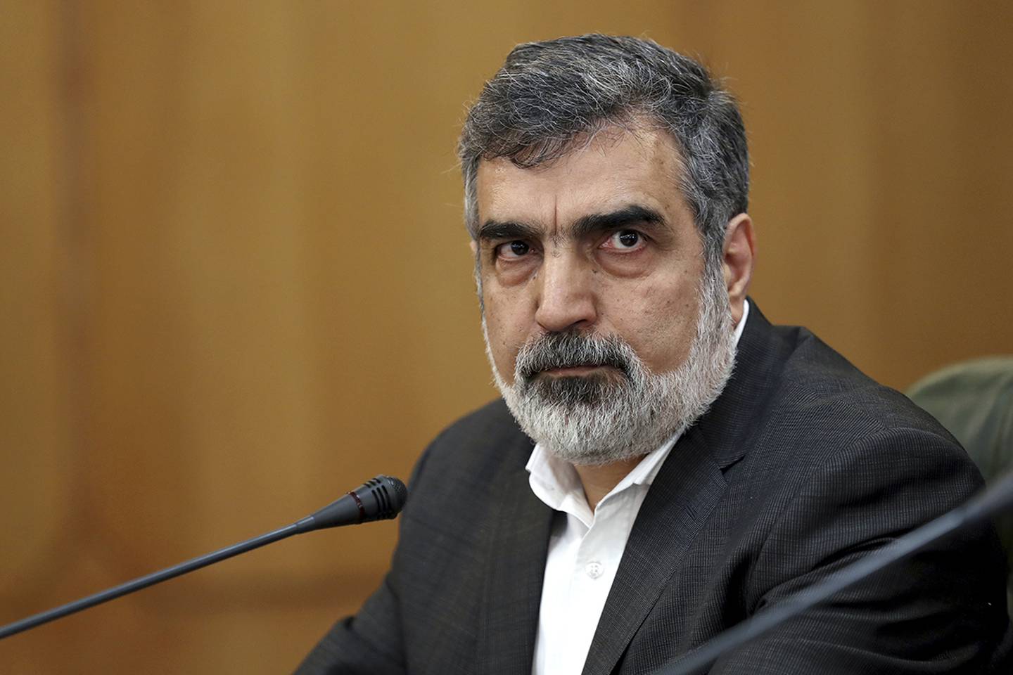 Spokesman for Iran's atomic agency Behrouz Kamalvandi attends a press briefing in Tehran, Iran, Sunday, July 7, 2019.