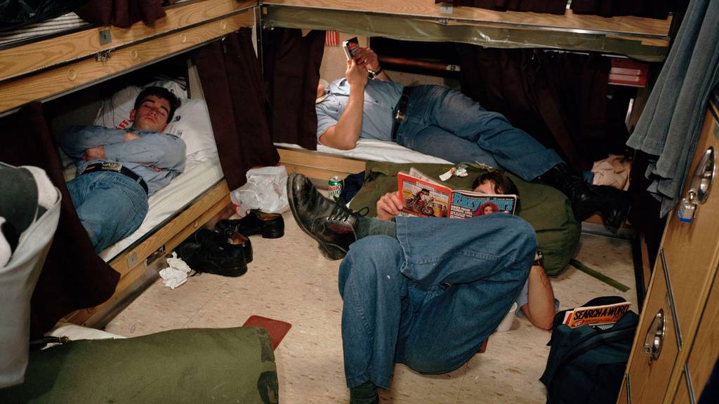 A bunkroom on a Trident ballistic missile submarine. The crew broke the monotony of submarine life with pranks.