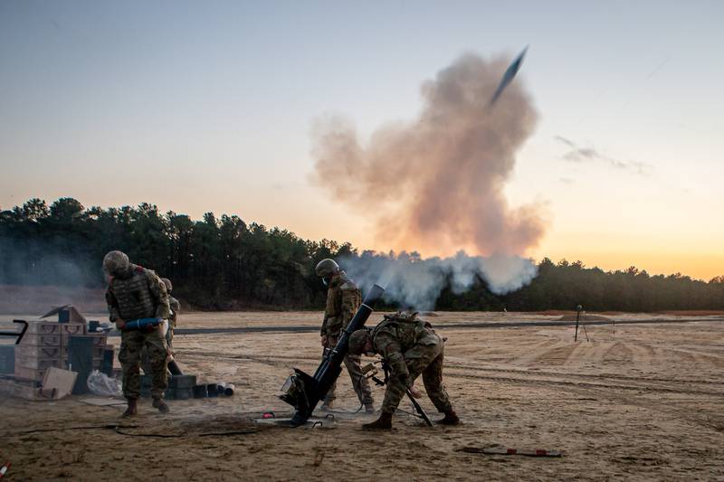 Soldiers with the 2nd Battalion, 113th Infantry Regiment, New Jersey Army National Guard, fire the 120mm mortar system on Joint Base McGuire-Dix-Lakehurst, N.J., Nov. 13, 2020.