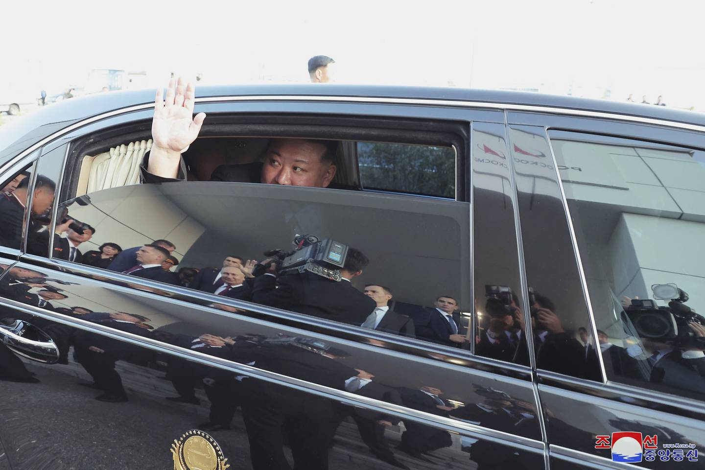 In this photo provided by the North Korean government, North Korean leader Kim Jong Un responds as Russian President Vladimir Putin sends him off from the Vostochny cosmodrome outside the city of Tsiolkovsky, about 200 kilometers (125 miles) from the city of Blagoveshchensk in the far eastern Amur region, Russia, Wednesday, Sept. 13, 2023.