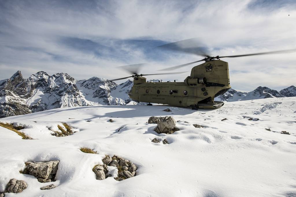 A CH-47F Chinook perches on a mountain in the Alps in Germany, Oct. 21, 2020.