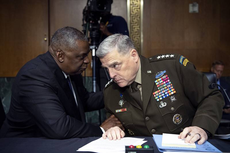 Secretary of Defense Lloyd Austin, left, and Chairman of the Joint Chiefs Chairman Gen. Mark Milley