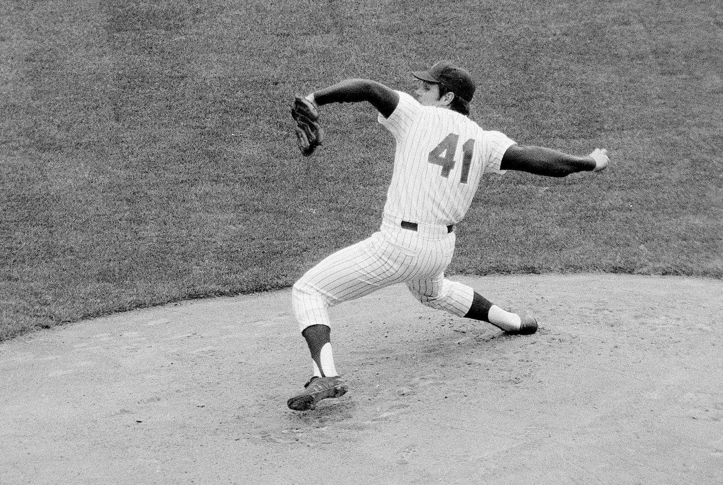 In this April 20, 1967, file photo, New York Mets' Tom Seaver pitches against the Chicago Cubs in a baseball game at Shea Stadium in New York.