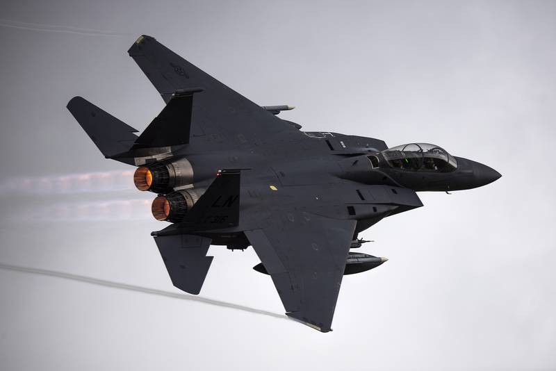 An F-15E Strike Eagle takes off at RAF Lakenheath, United Kingdom, Oct. 14, 2020.