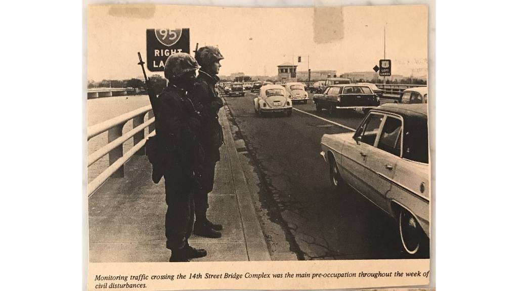 Marines stand guard on a bridge in Washington in 1971.