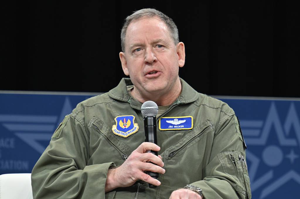 In this photo provided by the U.S. Air Force, Gen. James Hecker, commander of U.S. Air Forces in Europe, speaks at the Air and Space Forces Association 2023 Warfare Symposium in Aurora, Colo., March 8, 2023.