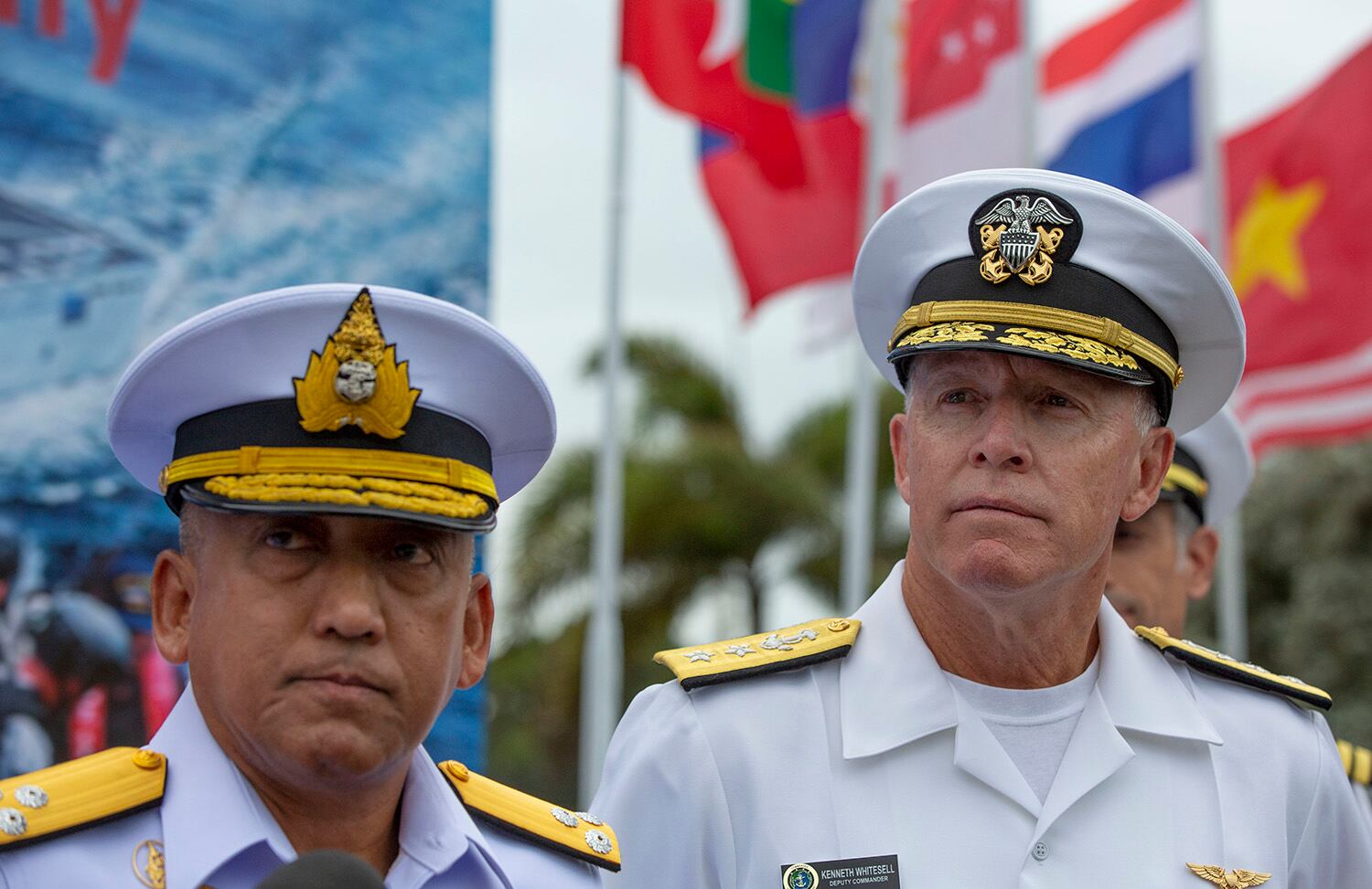 Vice Adm. Charoenpol Khumrasri, of Royal Thai Navy, left and Rear Adm. Kenneth Whitesell, of the U.S. Navy, participate in the inauguration ceremony of ASEAN-U.S. Maritime Exercise in Sattahip, Thailand, Monday, Sep. 2, 2019.
