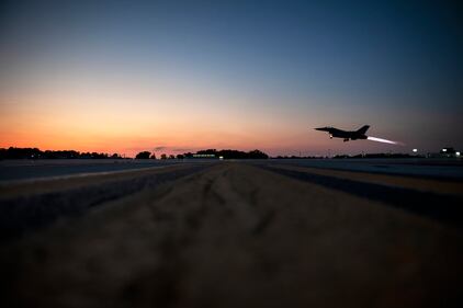 An F-16 Fighting Falcon, assigned to the Ohio National Guard’s 180th Fighter Wing, takes off for a nighttime training mission, June 16, 2020.