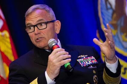 U.S. Navy Vice Adm. Jeffrey Trussler, deputy chief of naval operations for information warfare, N2/N6, and director of naval intelligence, speaks at a discussion at the Sea-Air-Space conference in National Harbor, Maryland, on April 3, 2023.